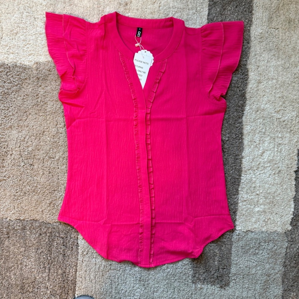 Cicibird Hot Pink Ruffle V-Neck Flutter Sleeve Blouse Top Womens Small NWT
